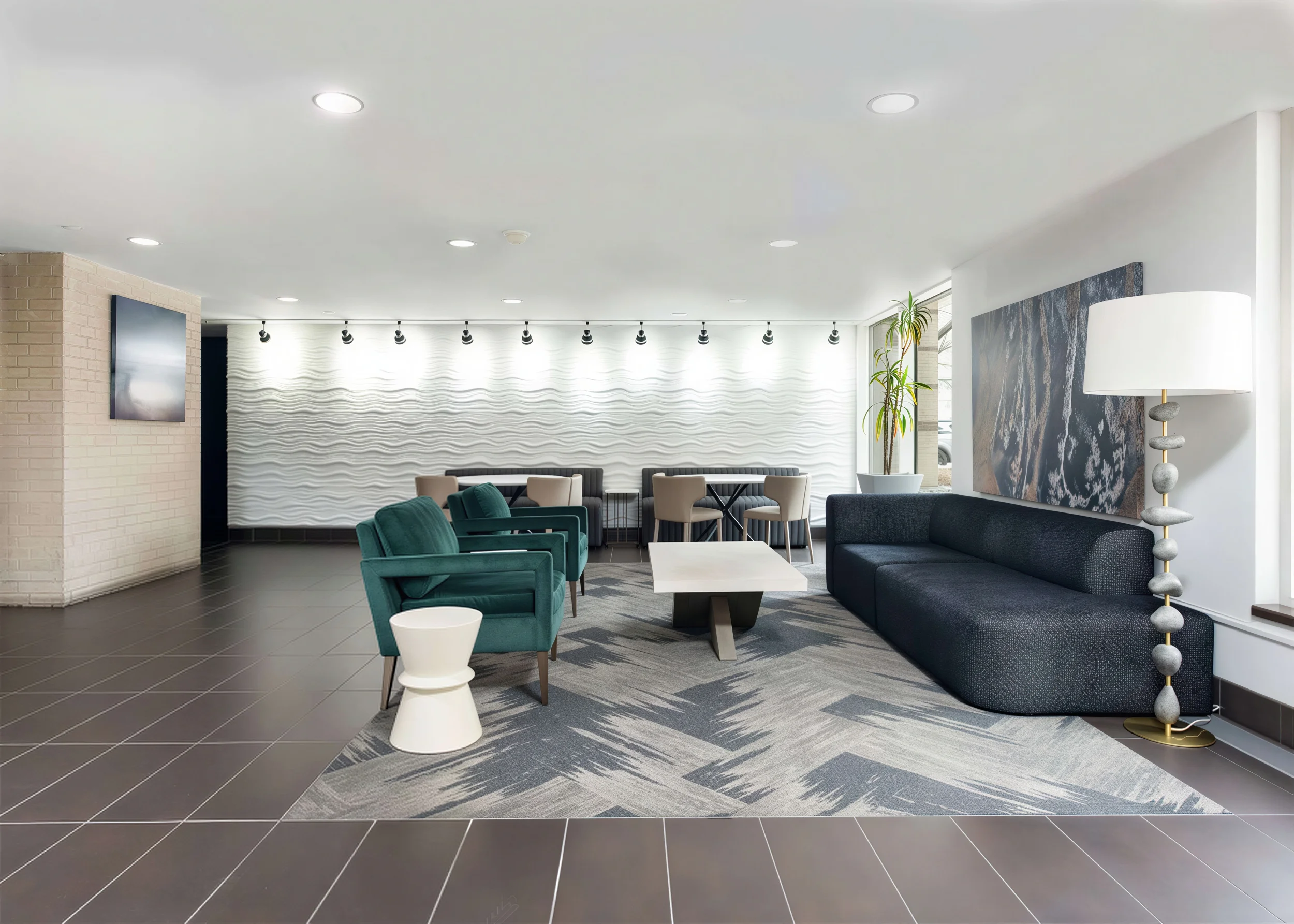 Modern resident lounge with sofas, armchairs and contemporary décor at 300 East 17th Apartments